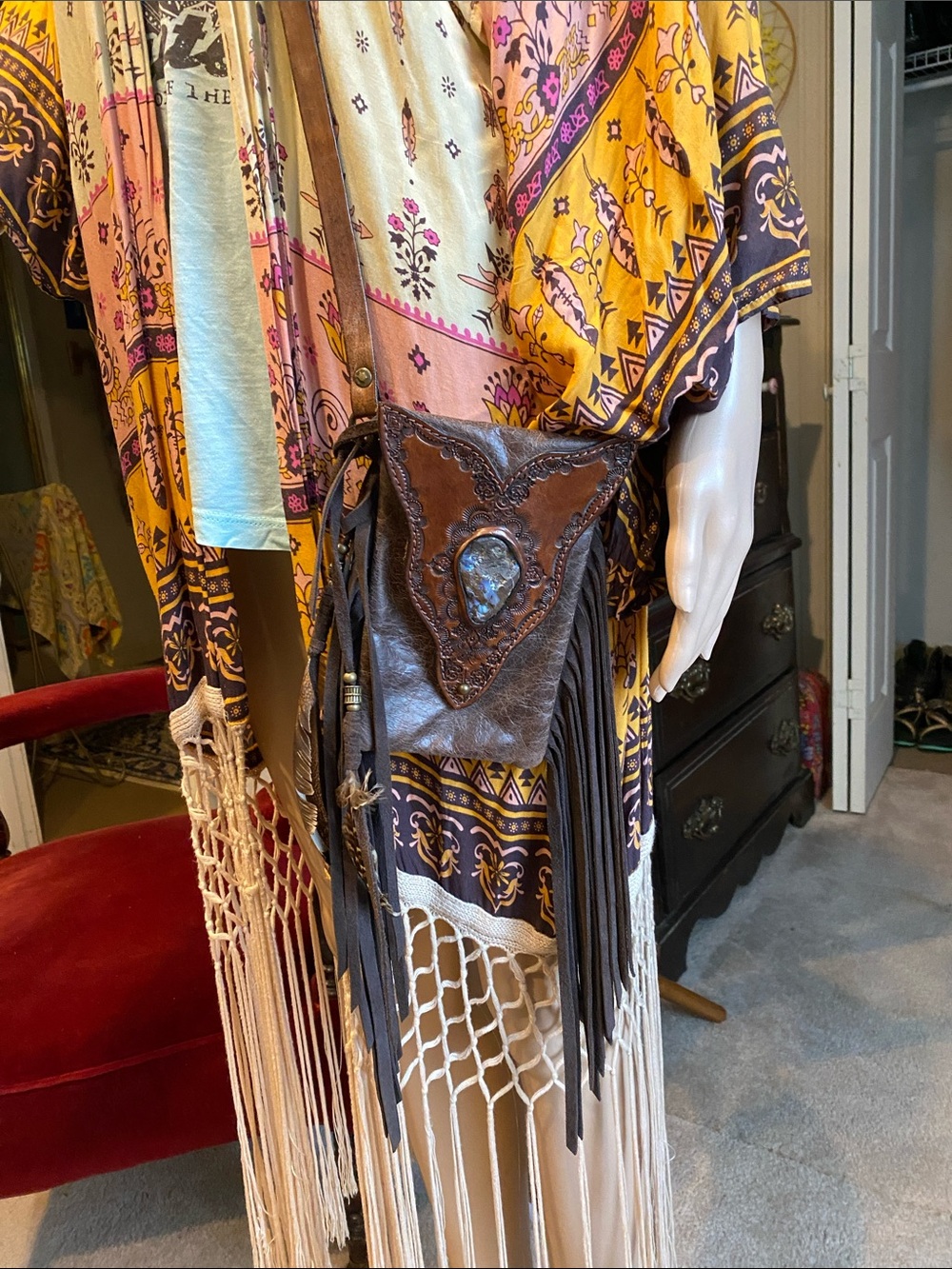 Buffalo Girl Handcrafted Boho Leather Fringe Crossbody with Stone Accent
